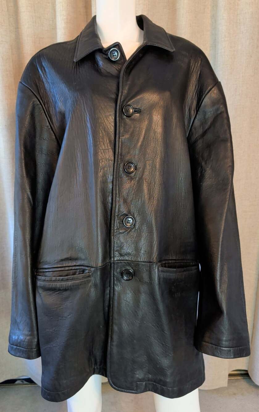 Perry Ellis Men's Black Lambskin Leather Car Coat Jacket Vintage Mid Length XL